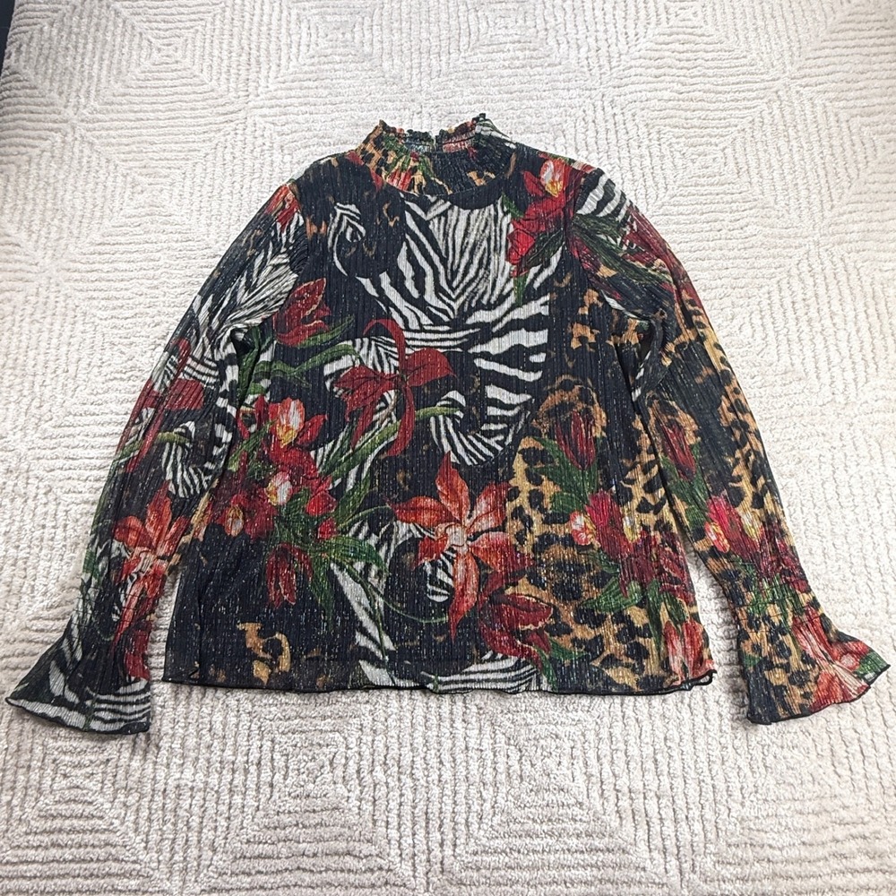 Chico's Plissé Blouse Womens 1 M Multi Metallic Animal Floral Glam Party Safari